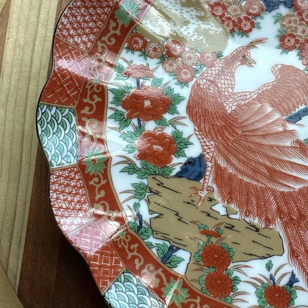 Imari Japanese Salad Plate 7 Inch Orange Green Gold Peacock Scallop Edge Signed